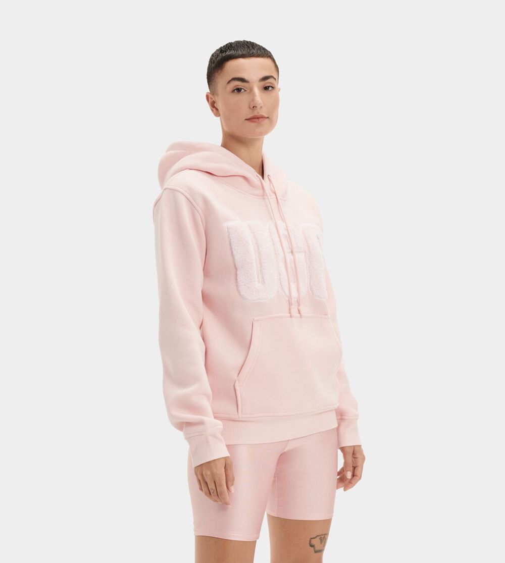 Ugg Hoodie Womens - Ugg Rey Fuzzy Logo Pink - 458BTOQHJ